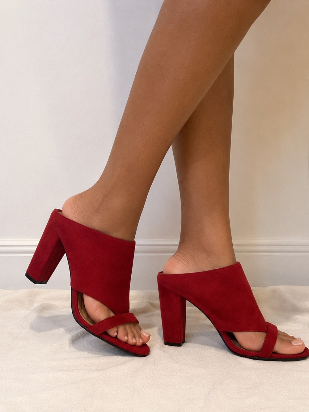 Rouge Helium Red Statement Mule Heels | Faux Suede Block Heel | Size 9